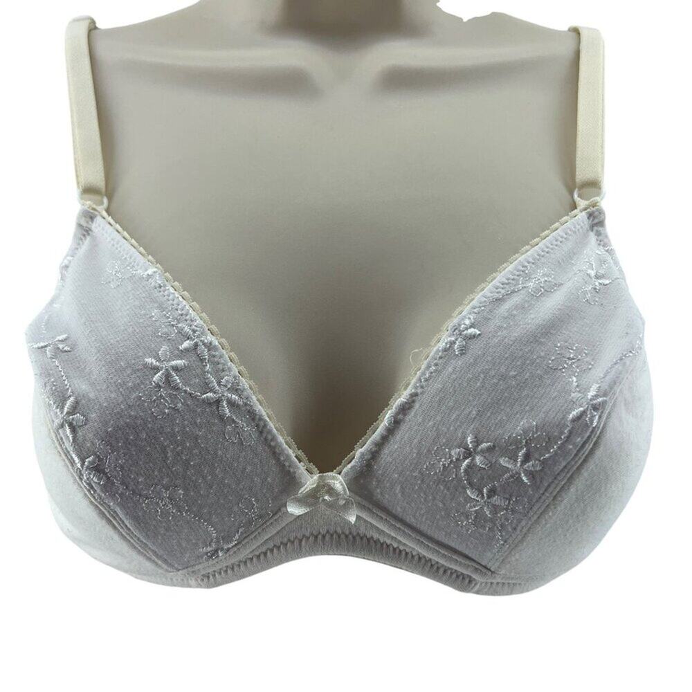 Vintage Bestforms White Cotton Bra Embroidered Floral Wireless Womens Size 34B